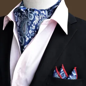 2Pcs DarkBlue Luxury Floral Paisley Pocket Square and Cravat Set