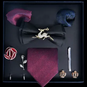 8Pcs Black&Burgundy Luxury Noble Print Bow Ties Gift Box