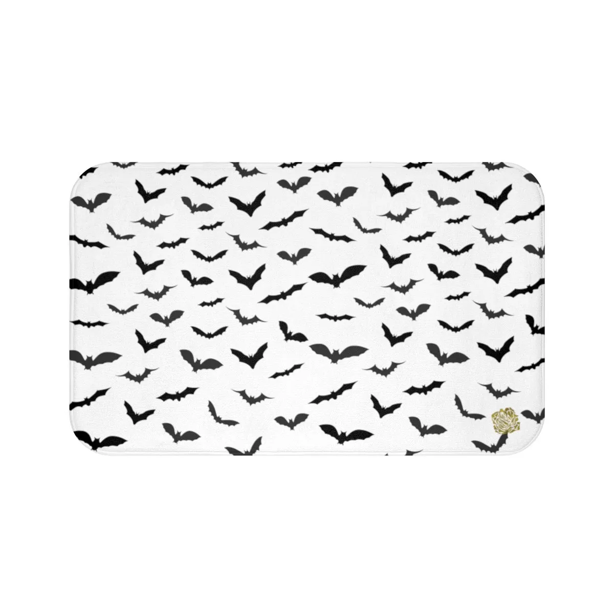 Bats Print Halloween Bath Mat, Black White Flying Bats Designer Bath Rug-Made in USA