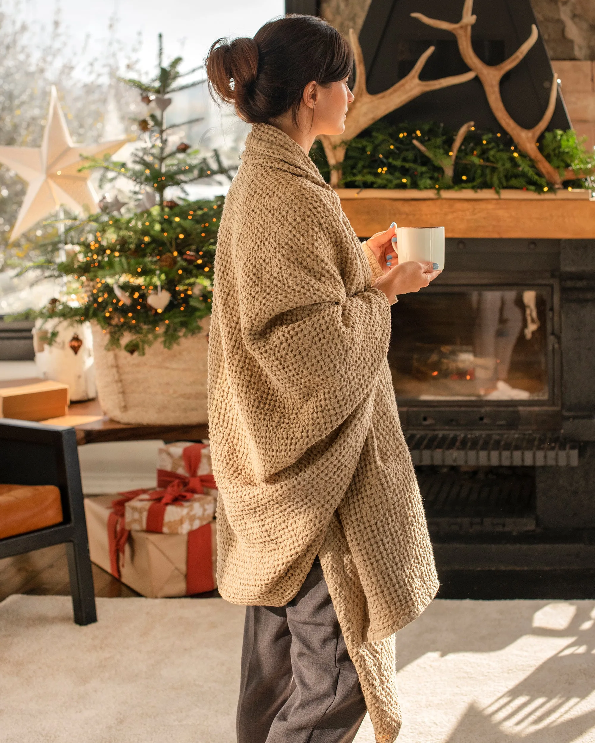 Beige waffle throw blanket