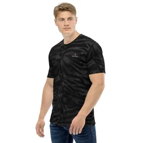 Black Tiger Stripes Men's T-shirt, Grey Animal Print Luxury Tee For Men-Made in USA/EU/MX (US Size, XS-2XL)