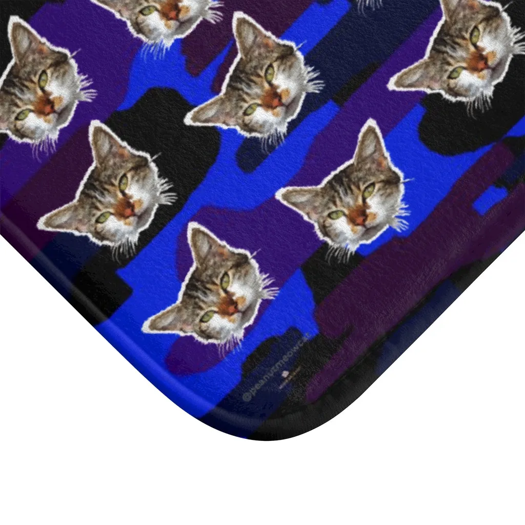 Blue Camo Cat Print Bath Mat, Purple Calico Cat Soft Microfiber Bath Rug-Printed in USA