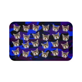 Blue Camo Cat Print Bath Mat, Purple Calico Cat Soft Microfiber Bath Rug-Printed in USA