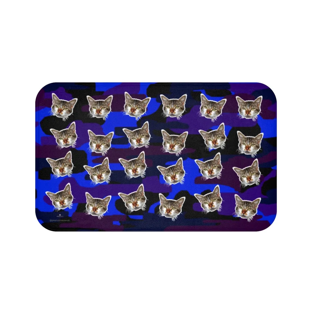 Blue Camo Cat Print Bath Mat, Purple Calico Cat Soft Microfiber Bath Rug-Printed in USA