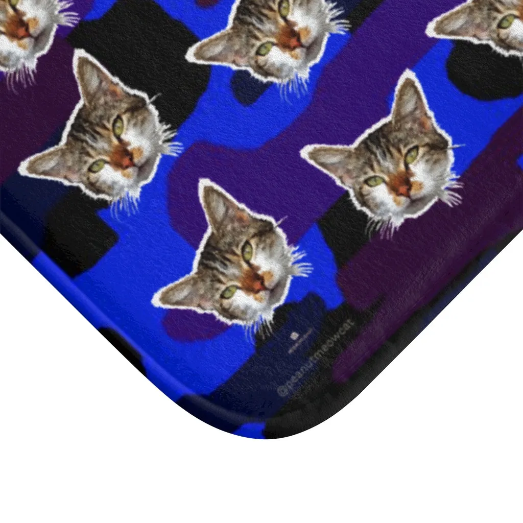 Blue Camo Cat Print Bath Mat, Purple Calico Cat Soft Microfiber Bath Rug-Printed in USA