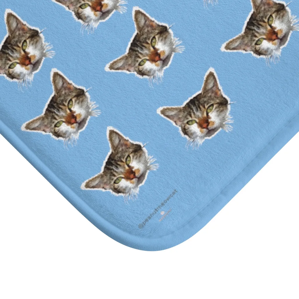 Blue Cat Print Bath Mat, Calico Cat Premium Soft Microfiber Bath Mat- Printed in USA
