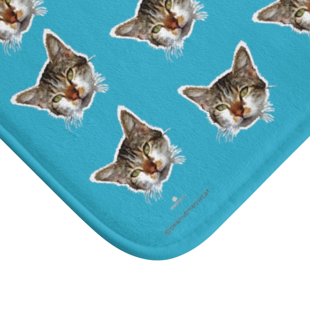 Blue Cat Print Bath Mat, Calico Cat Premium Soft Microfiber Fine Bath Rug- Printed in USA