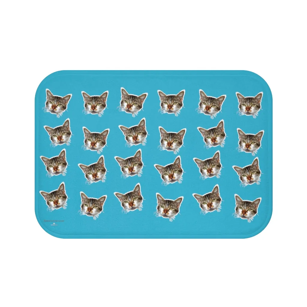 Blue Cat Print Bath Mat, Calico Cat Premium Soft Microfiber Fine Bath Rug- Printed in USA