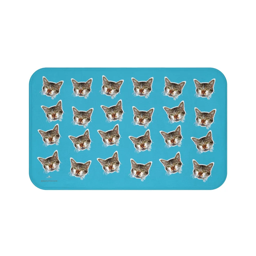 Blue Cat Print Bath Mat, Calico Cat Premium Soft Microfiber Fine Bath Rug- Printed in USA