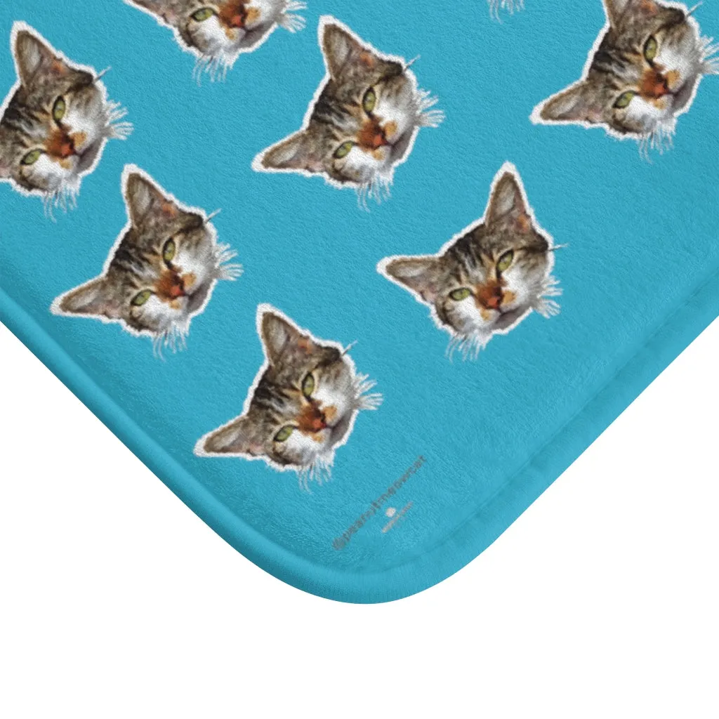 Blue Cat Print Bath Mat, Calico Cat Premium Soft Microfiber Fine Bath Rug- Printed in USA