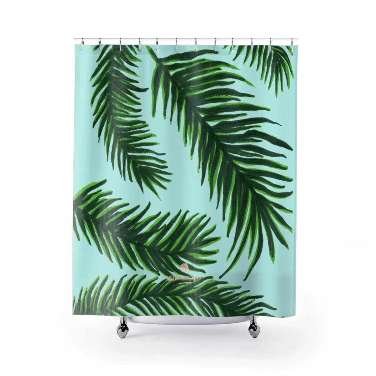 Blue Green Palm Shower Curtains, Tropical Tree Leaf Large Bathroom Decor- Printed in USA