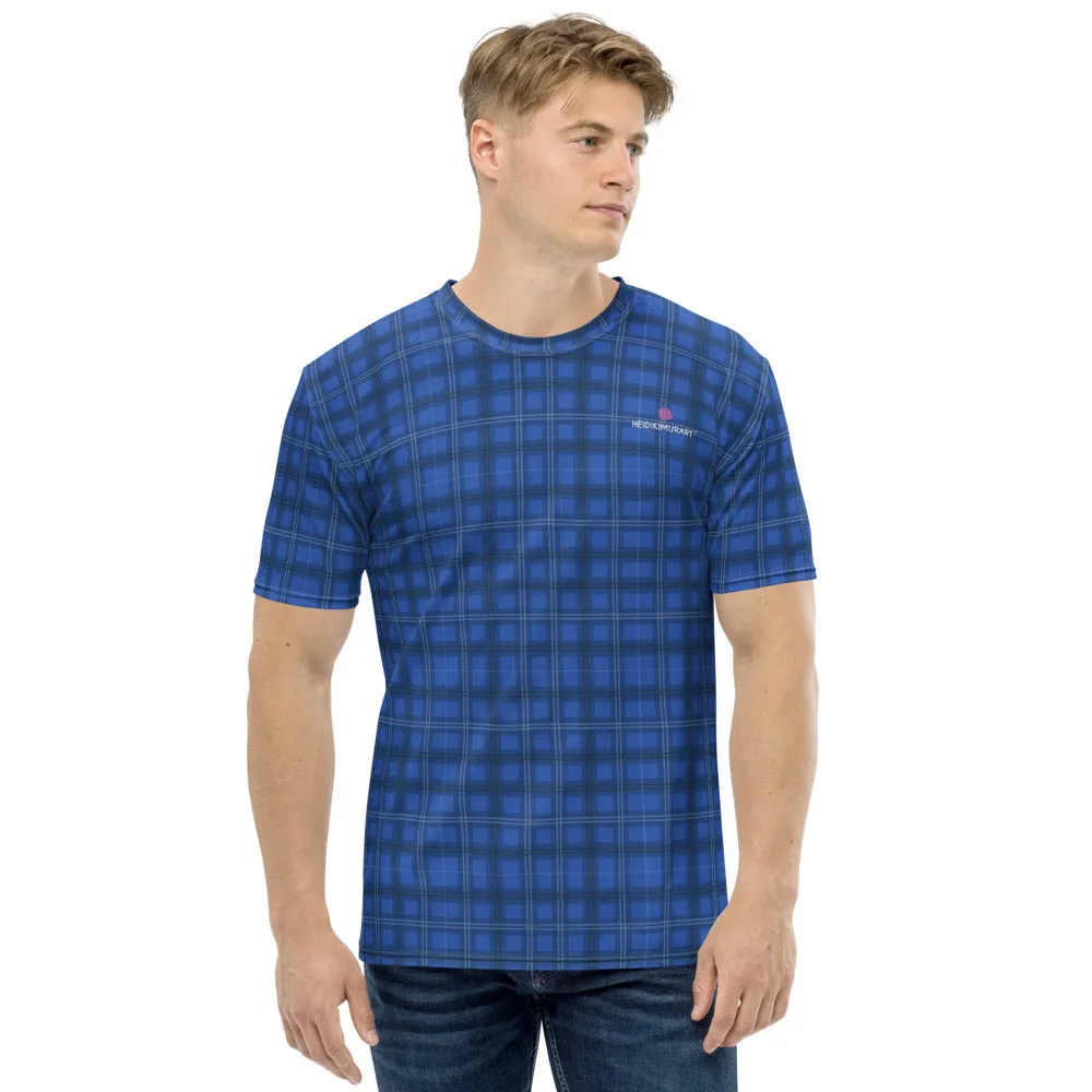 Blue Plaid Print Men's T-shirt, Tartan Plaid Scottish Print Luxury Tee For Men-Made in USA/EU/MX