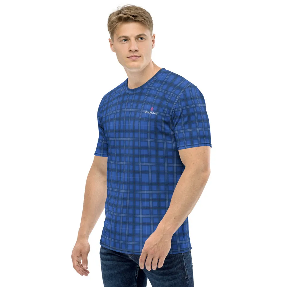 Blue Plaid Print Men's T-shirt, Tartan Plaid Scottish Print Luxury Tee For Men-Made in USA/EU/MX