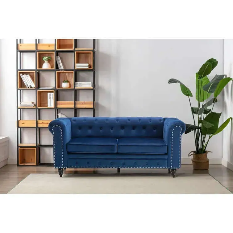 Blue Velvet Chesterfield Sofa 71.5In-Elegant & Comfy