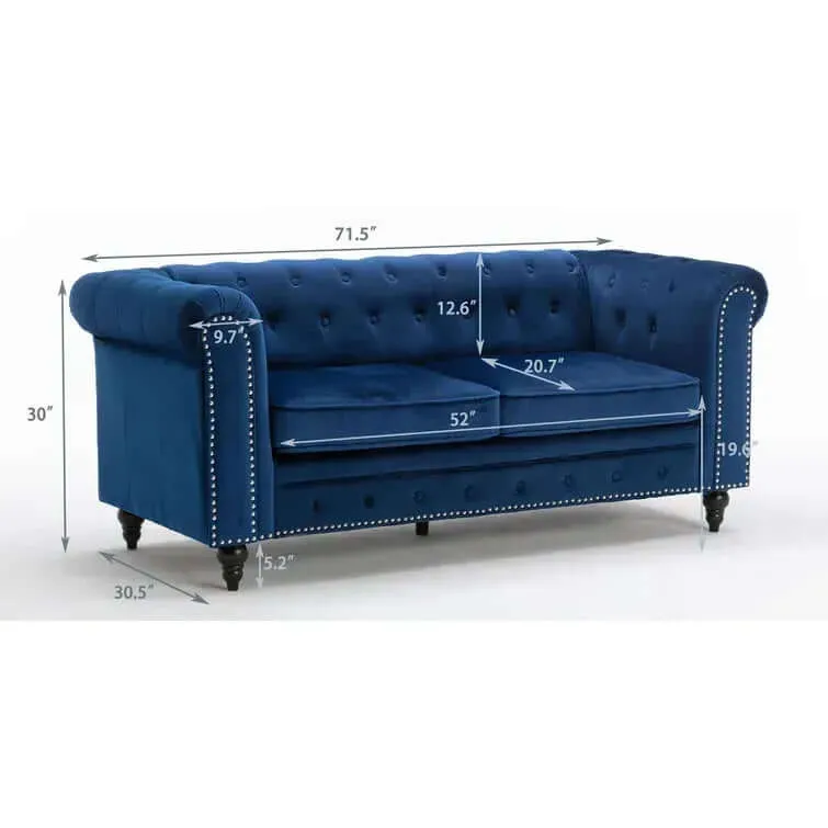 Blue Velvet Chesterfield Sofa 71.5In-Elegant & Comfy