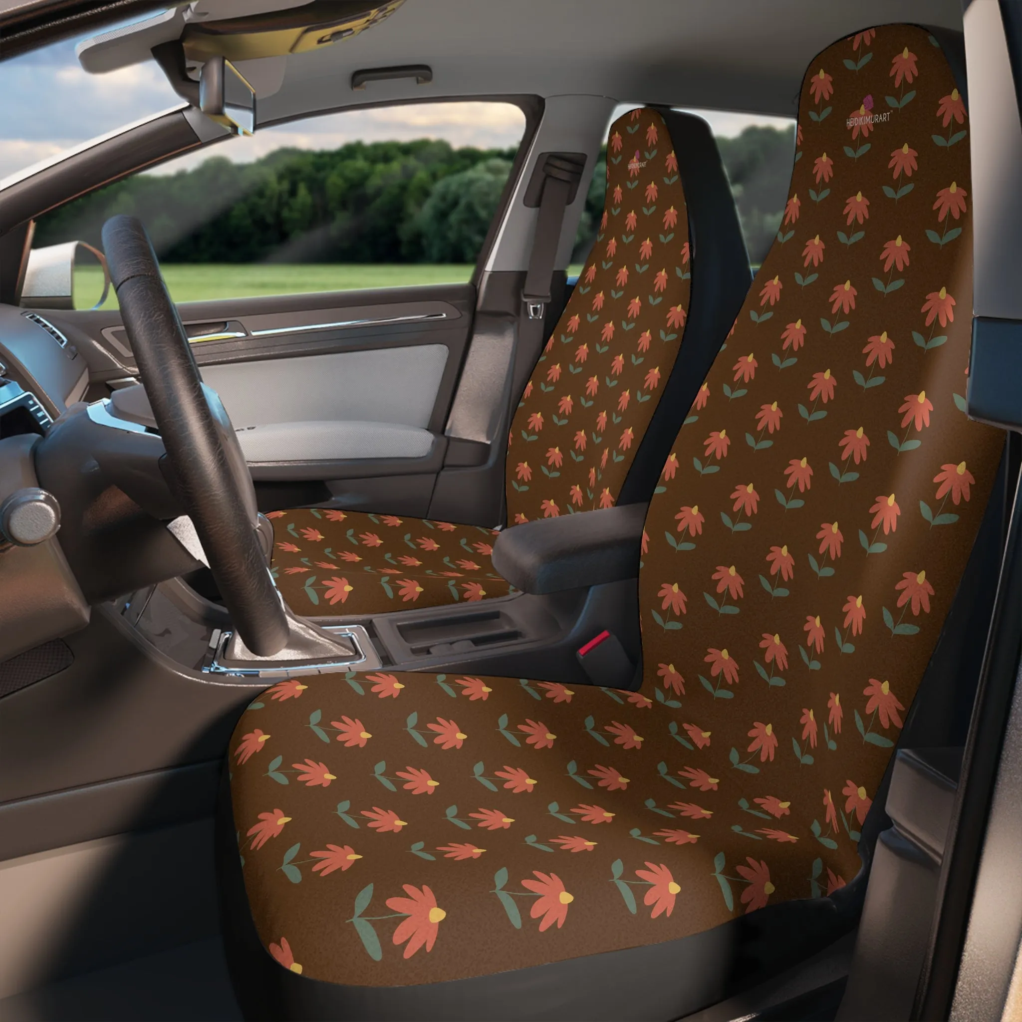 Brown Daisies Car Seat Covers, Floral Print Car Seat Covers, 2-Pcs Set (48.03" × 18.50") Polyester Car Seat Covers