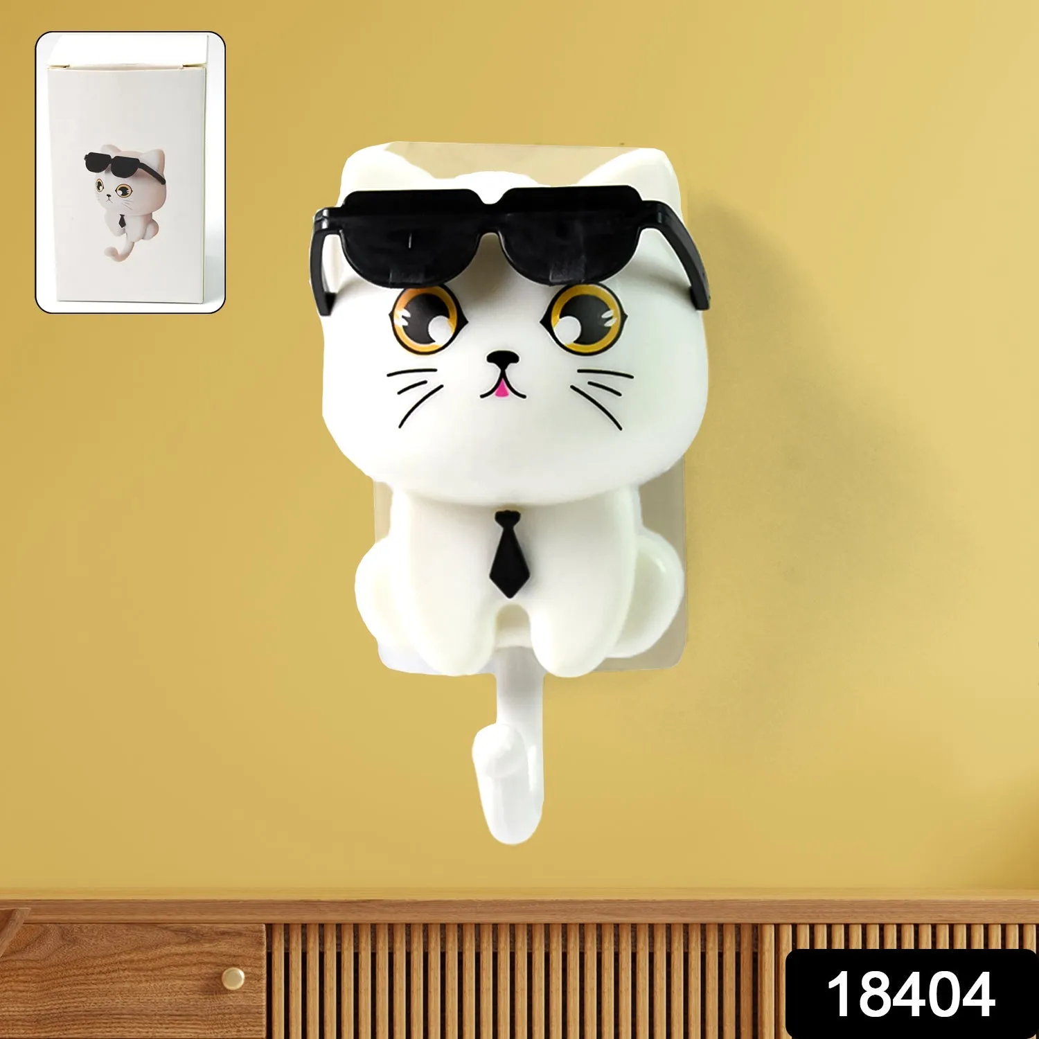 Cat Hook for Wall, Cute Cat Key Hook with Sunglasses (1 Pc)