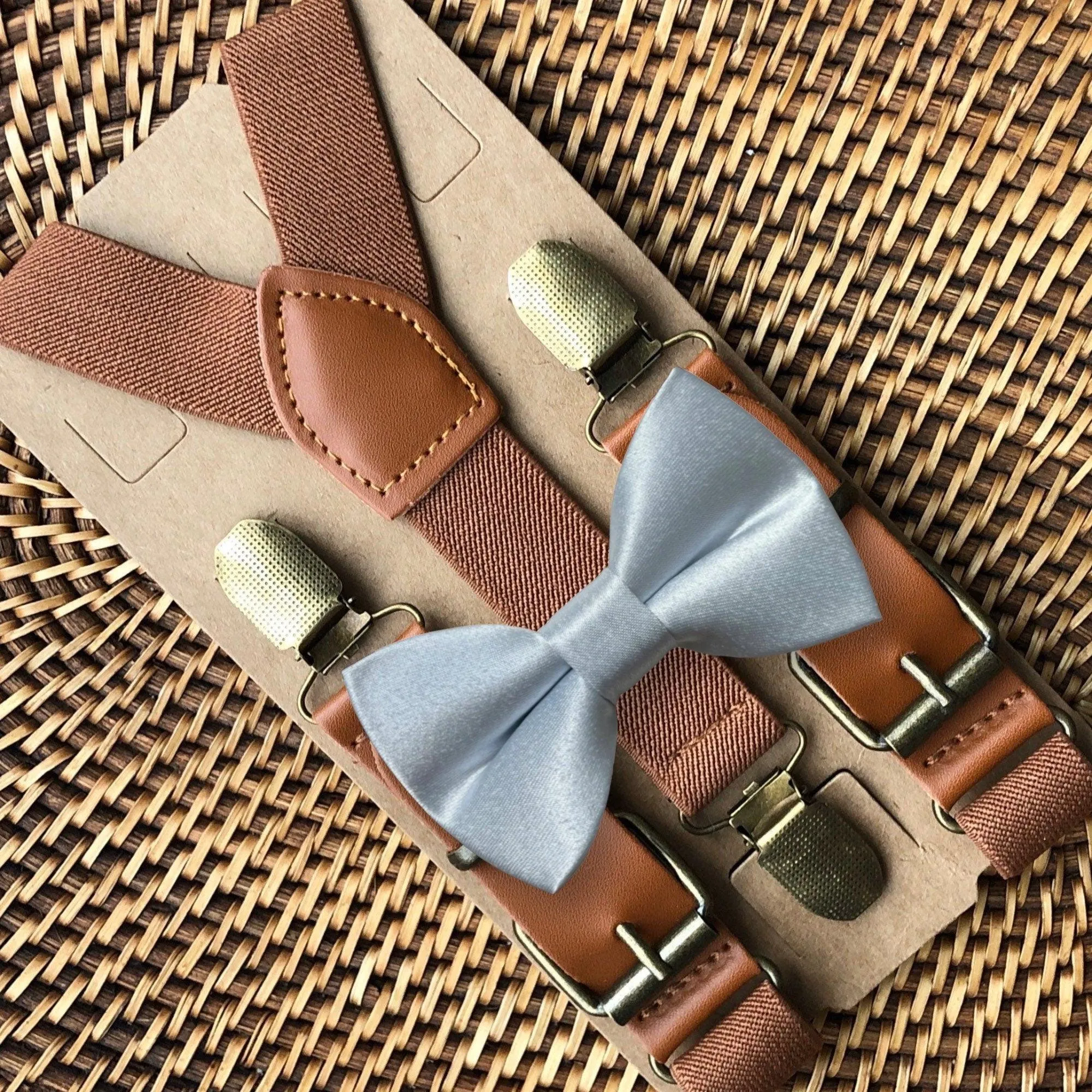 Cinderella Blue Satin Bow Tie & Cognac Buckled Suspenders Set