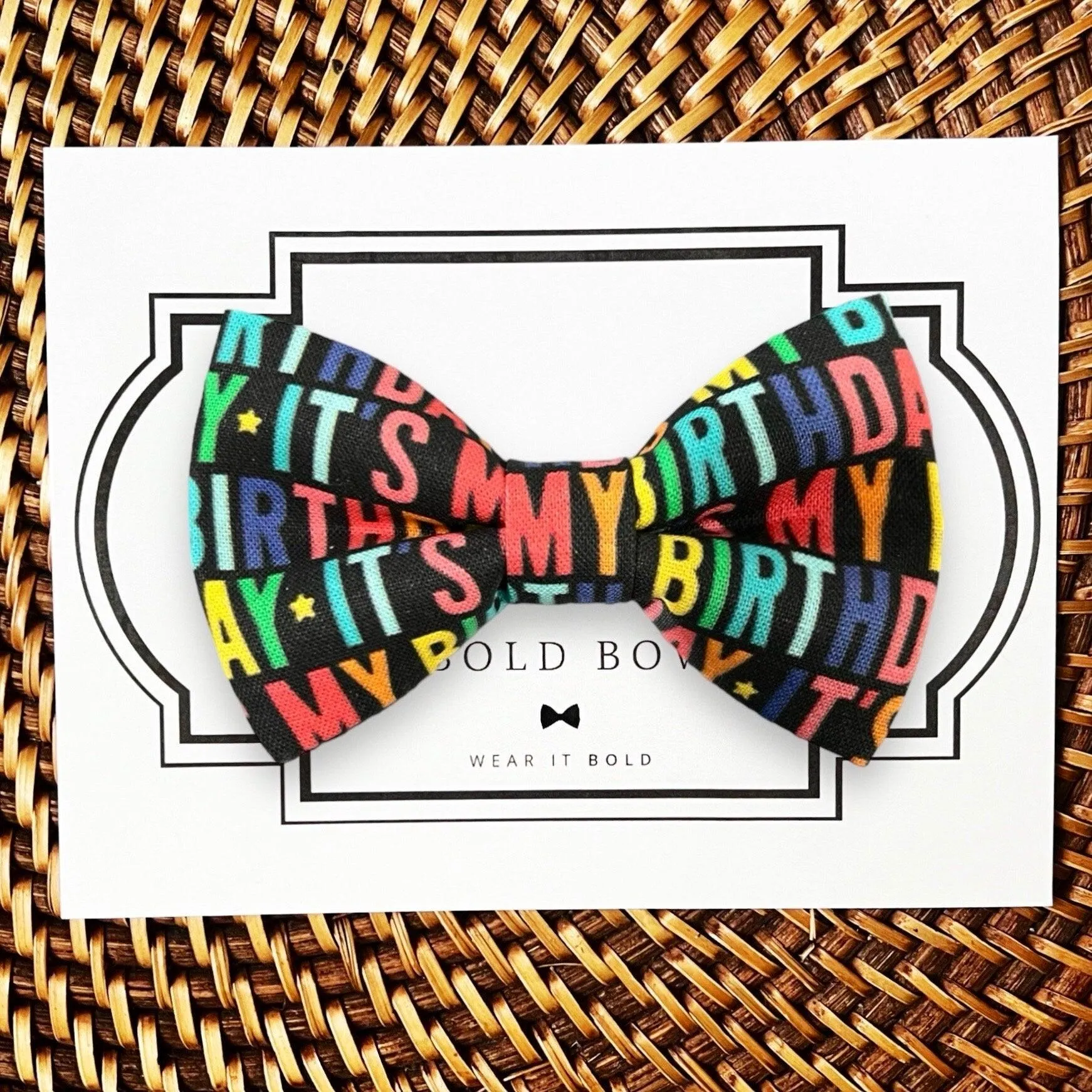 Colorful Birthday Dog Bow Tie on Black for Dog Collar or Cat Collar