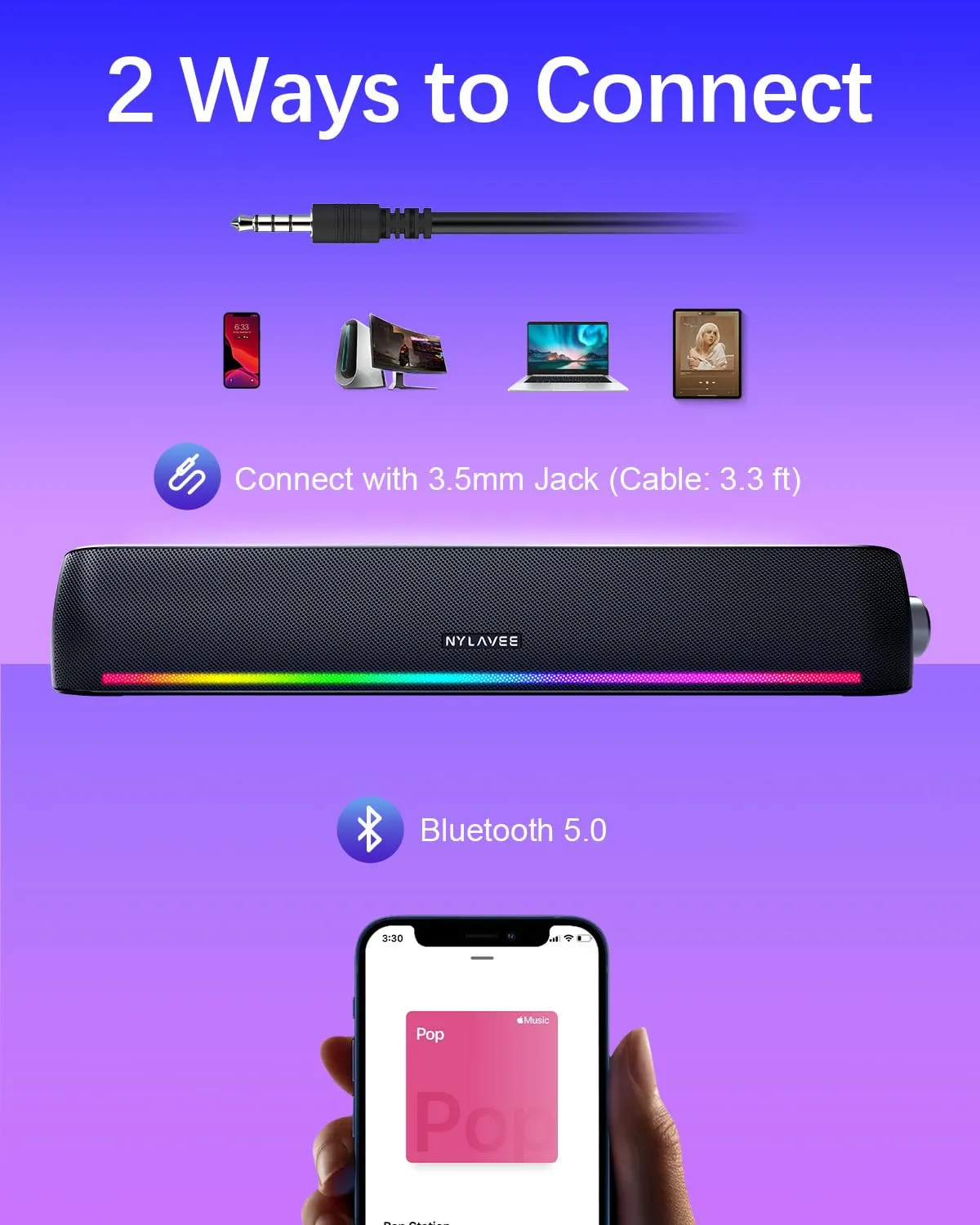 Computer Speakers, Hi-Fi Sound Quality Computer Sound Bar, Bluetooth 5.0 & 3.5mm Wired PC Speakers with 4 Dynamic Lighting Modes, USB Powered Speakers for PC, Desktop, Laptops, Phones, Monitors, Xbox