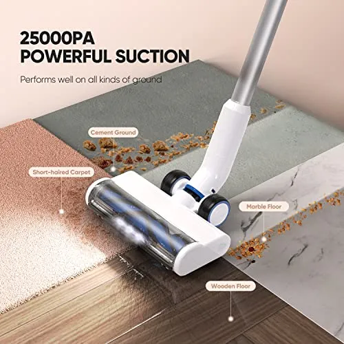 Cordless Vacuum Cleaner 25KPa 320W Powerful Lightweight Stick Vacuum with 60mins Long Runtime Detachable Battery, Flexible Flat & LED Headlights Vac One-Touch for Stair Hardwood Floor Carpet Pet Hair