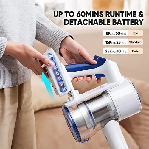 Cordless Vacuum Cleaner 25KPa 320W Powerful Lightweight Stick Vacuum with 60mins Long Runtime Detachable Battery, Flexible Flat & LED Headlights Vac One-Touch for Stair Hardwood Floor Carpet Pet Hair