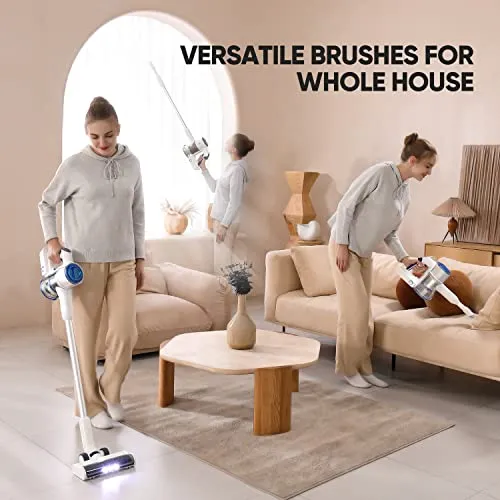 Cordless Vacuum Cleaner 25KPa 320W Powerful Lightweight Stick Vacuum with 60mins Long Runtime Detachable Battery, Flexible Flat & LED Headlights Vac One-Touch for Stair Hardwood Floor Carpet Pet Hair