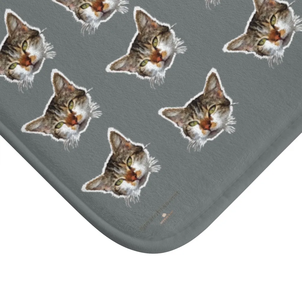 Dark Gray Cat Print Bath Mat, Calico Cat Print Premium Microfiber Bath Mat- Printed in USA