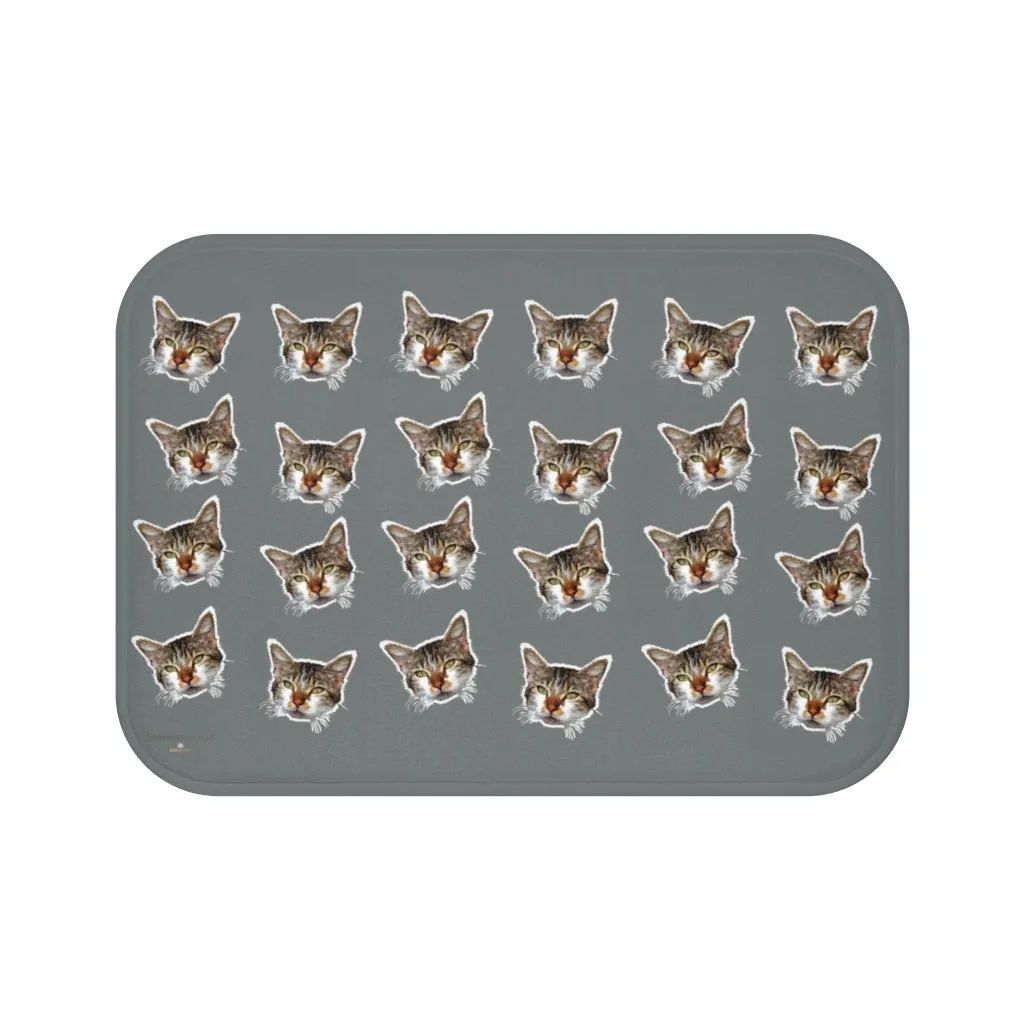 Dark Gray Cat Print Bath Mat, Calico Cat Print Premium Microfiber Bath Mat- Printed in USA