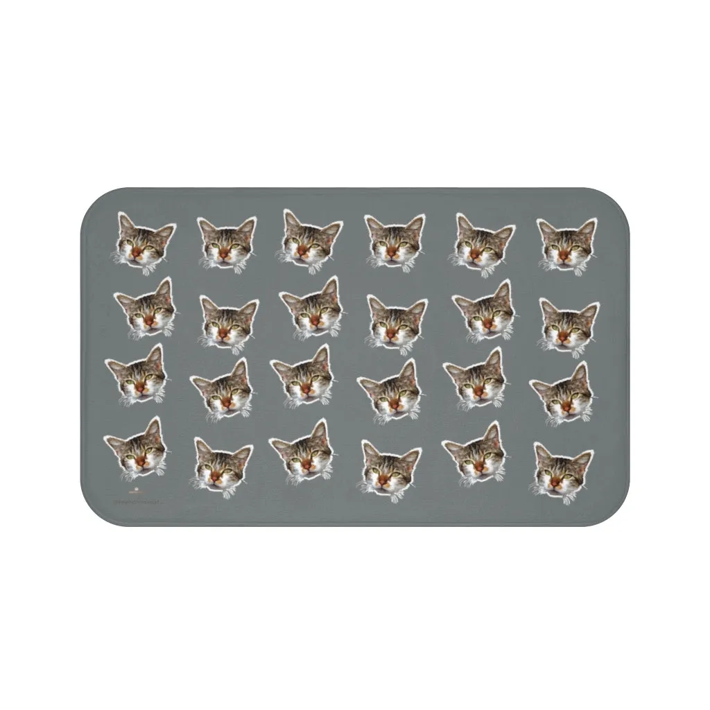 Dark Gray Cat Print Bath Mat, Calico Cat Print Premium Microfiber Bath Mat- Printed in USA