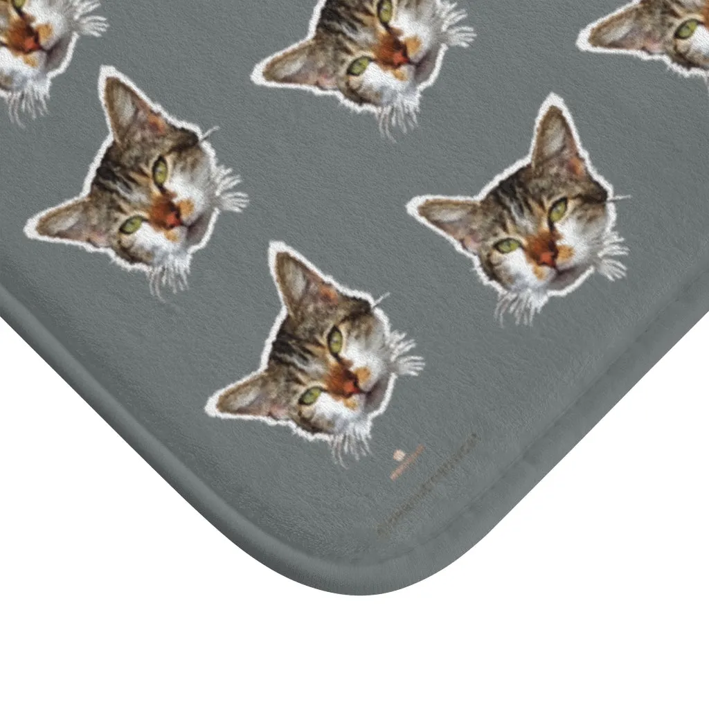 Dark Gray Cat Print Bath Mat, Calico Cat Print Premium Microfiber Bath Mat- Printed in USA