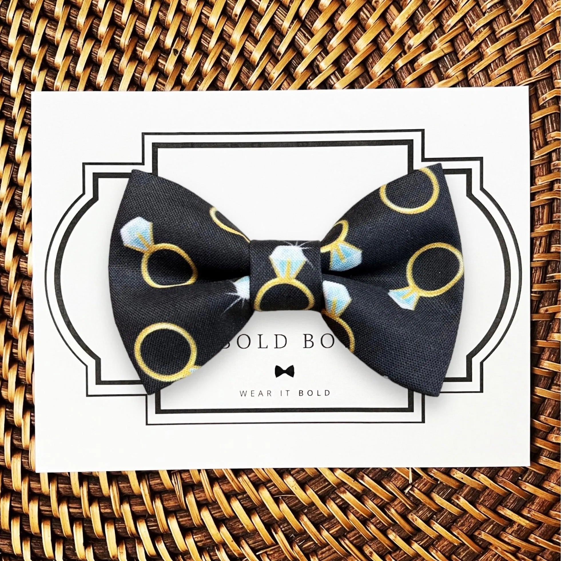 Engagement Ring on Black Bow Tie for Dog Collar and Cat Collar