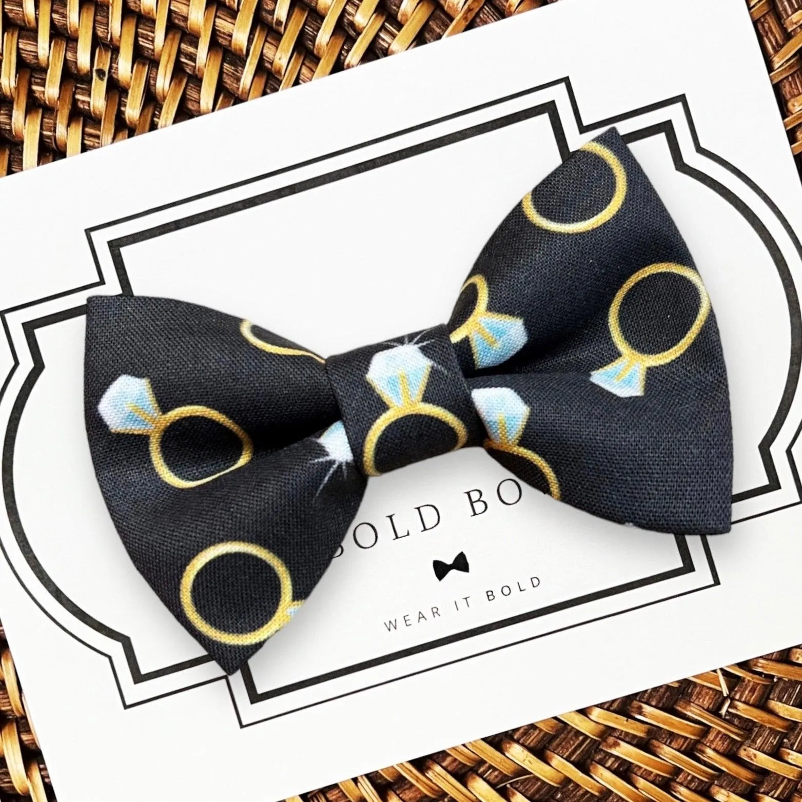 Engagement Ring on Black Bow Tie for Dog Collar and Cat Collar