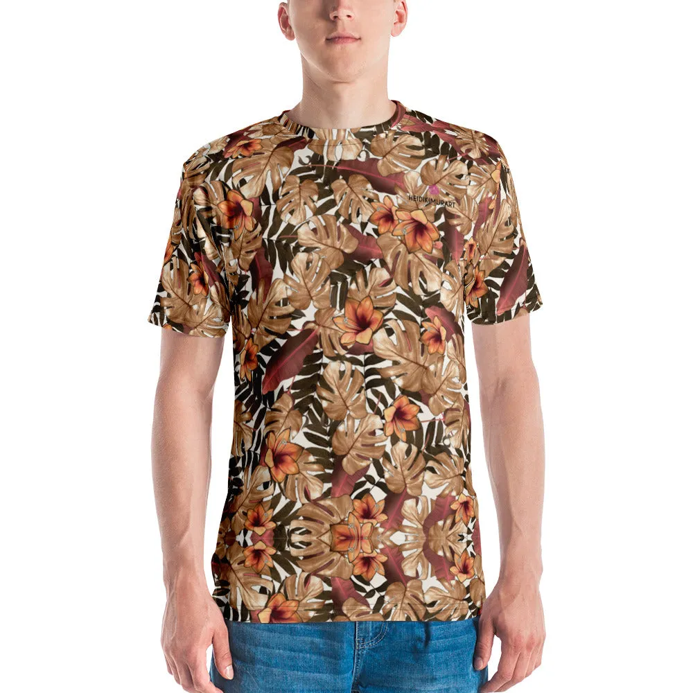 Fall Tropical Leaf Men's T-shirt, Brown Leaves Print Hawaiian Style Tees For Men-Made in USA/EU