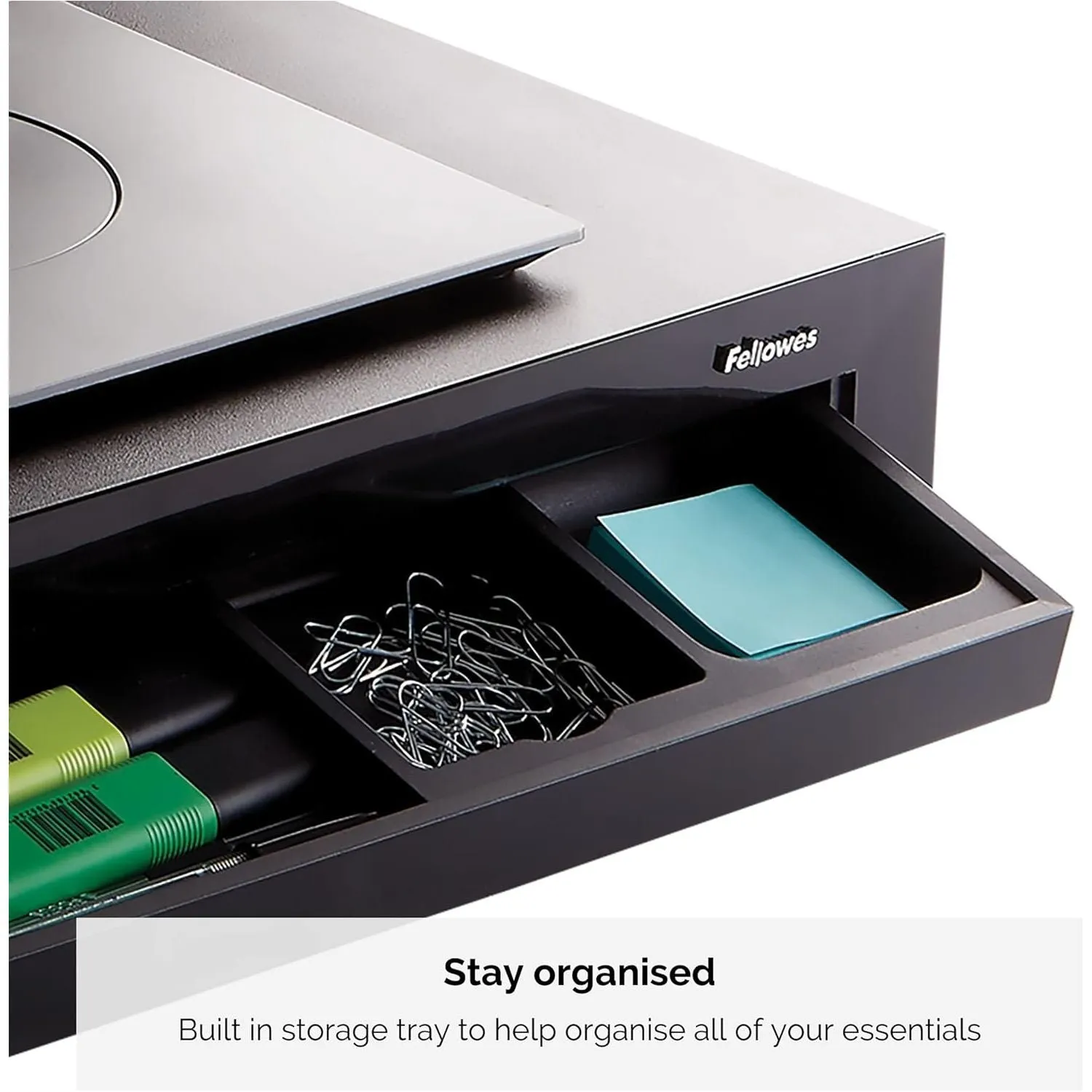 Fellowes Designer Suites Monitor Stand - 3-Height Adjustable Ergonomic Riser with Storage, 18kg Capacity, Black