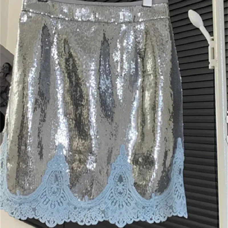 Girlary Lace Skirts for Women New Fashion Vintage Chic Sequins Skinny Casual Summer Skirts High Waist Solid Elegant Skirts 2024 Faldas
