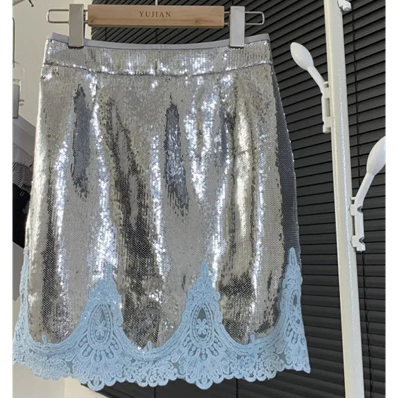 Girlary Lace Skirts for Women New Fashion Vintage Chic Sequins Skinny Casual Summer Skirts High Waist Solid Elegant Skirts 2024 Faldas