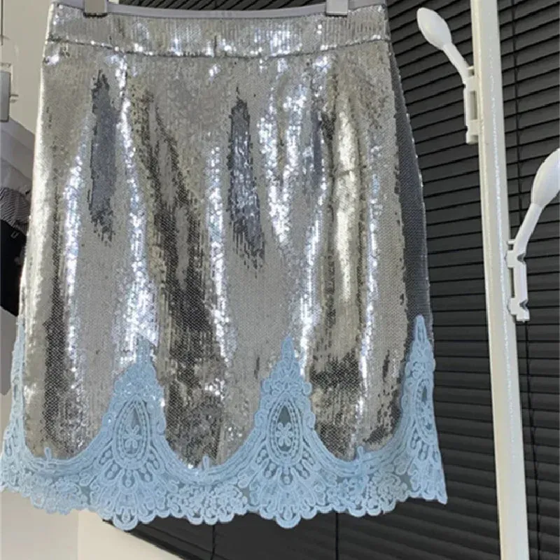 Girlary Lace Skirts for Women New Fashion Vintage Chic Sequins Skinny Casual Summer Skirts High Waist Solid Elegant Skirts 2024 Faldas