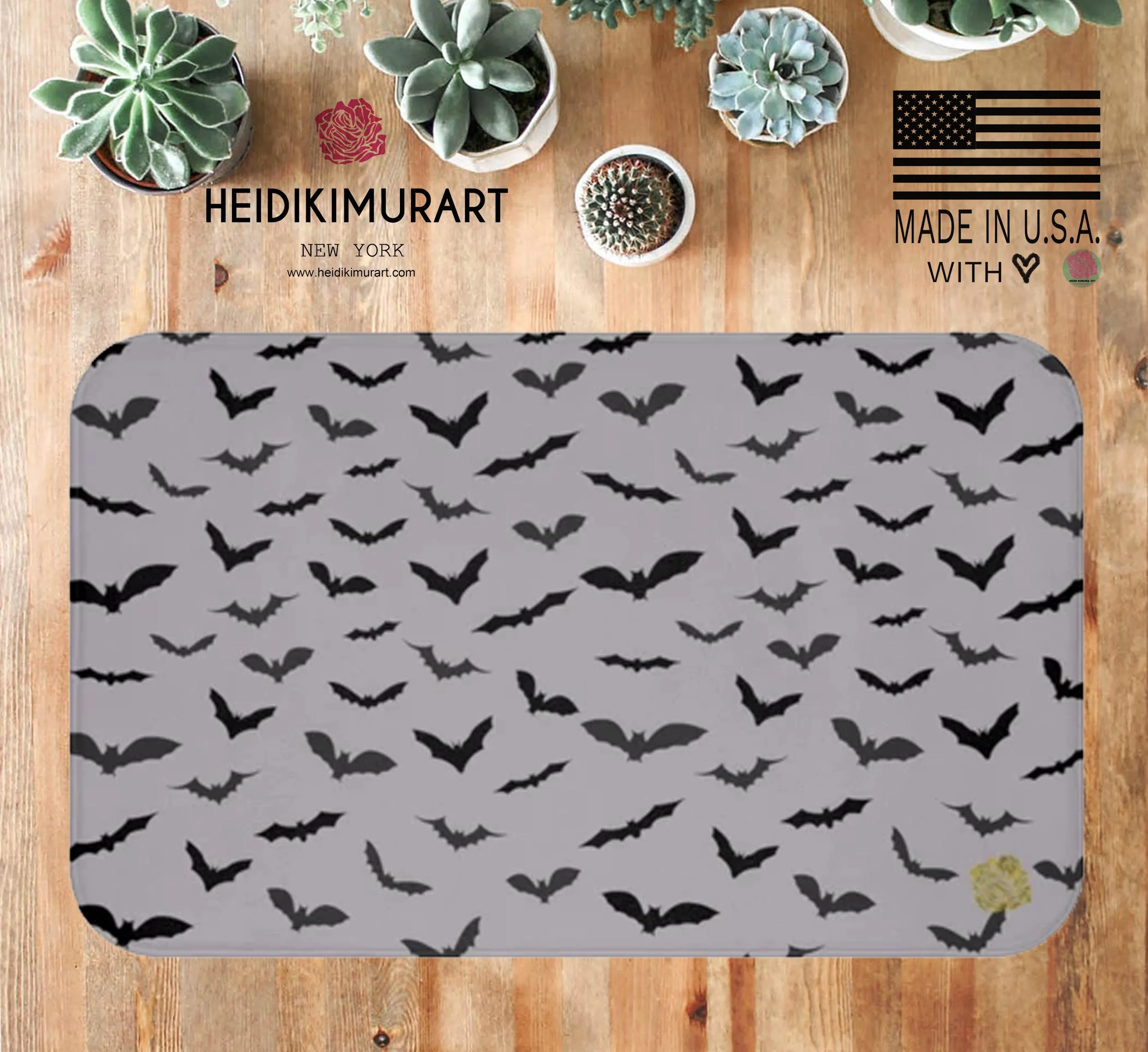 Gray and Black Flying Bats Designer Halloween Bath Mat-Made in USA