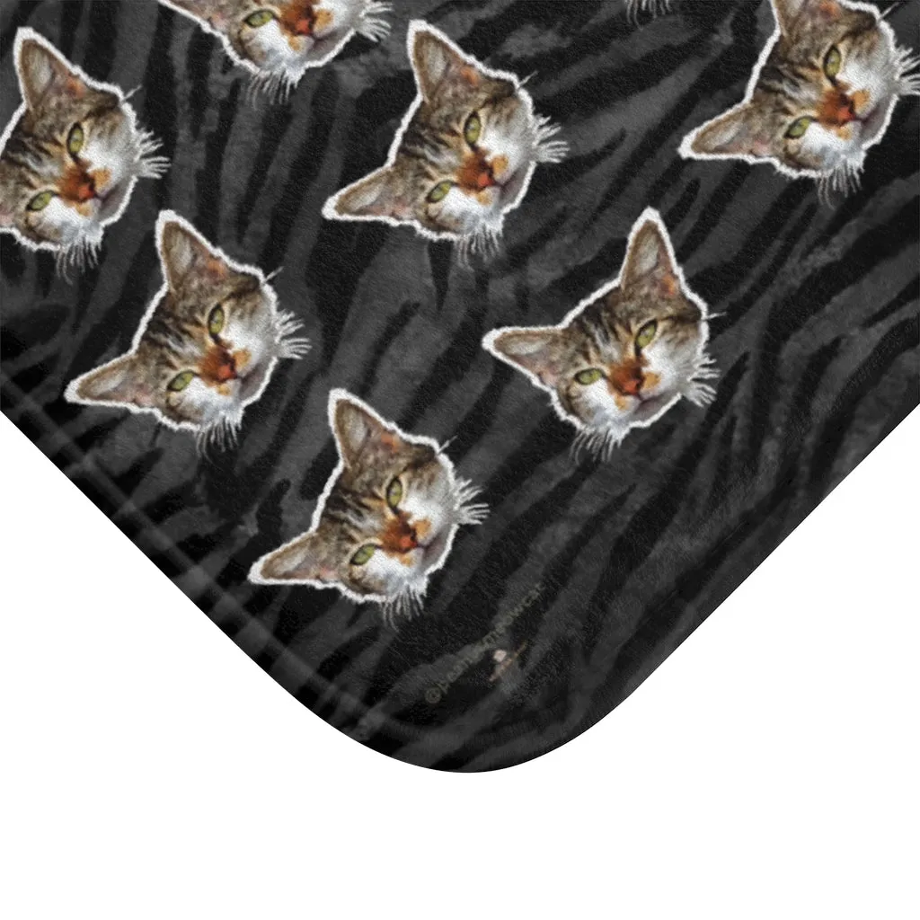 Gray Tiger Cat Print Bath Mats, Striped Calico Cat Print Premium Bath Rug- Printed in USA