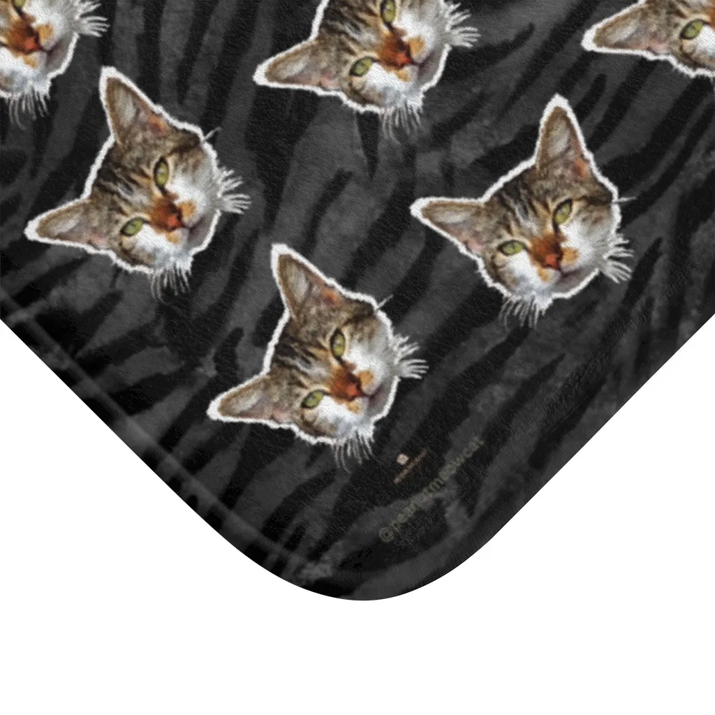 Gray Tiger Cat Print Bath Mats, Striped Calico Cat Print Premium Bath Rug- Printed in USA