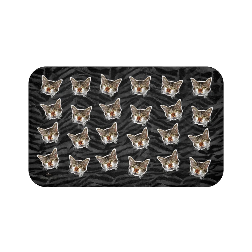 Gray Tiger Cat Print Bath Mats, Striped Calico Cat Print Premium Bath Rug- Printed in USA