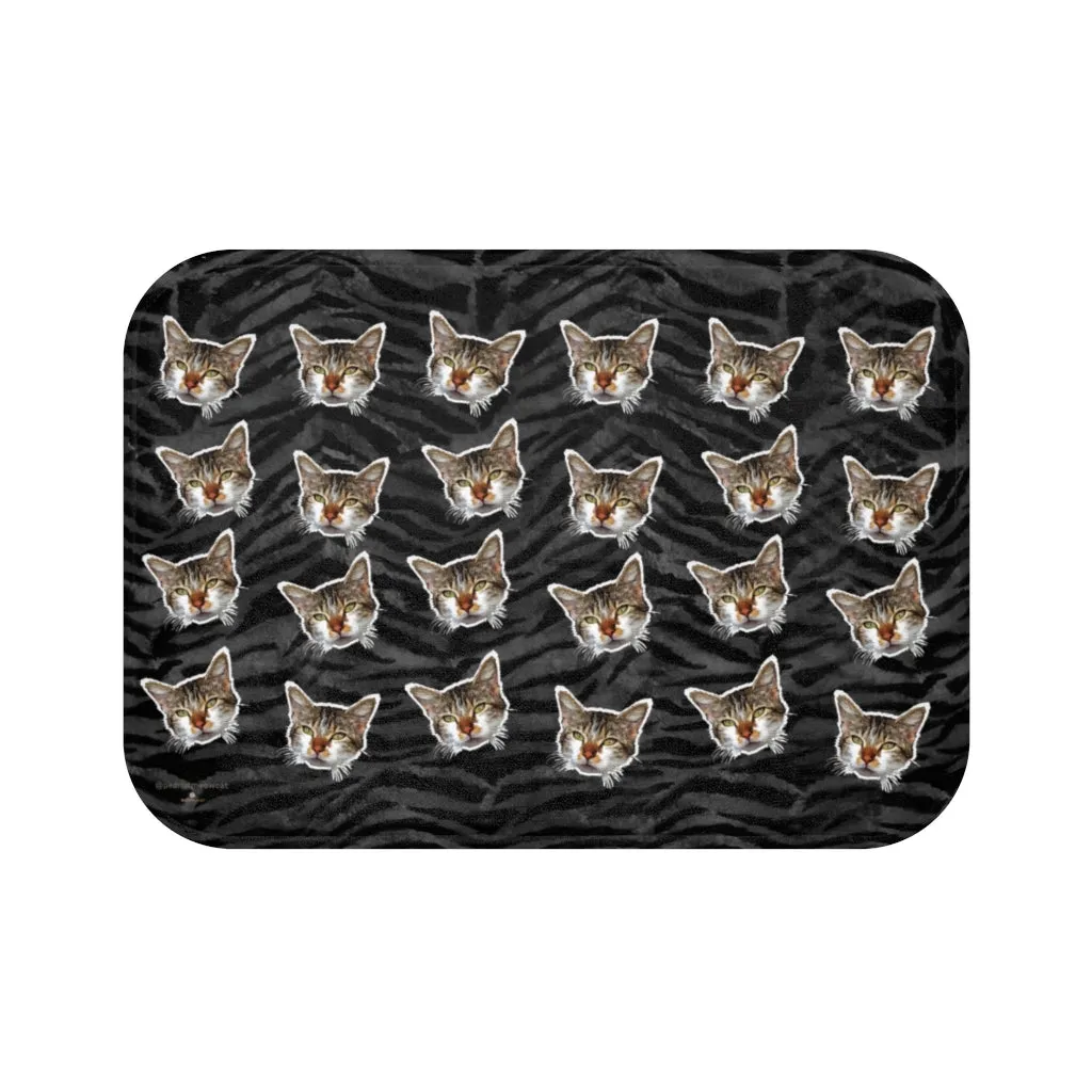 Gray Tiger Cat Print Bath Mats, Striped Calico Cat Print Premium Bath Rug- Printed in USA