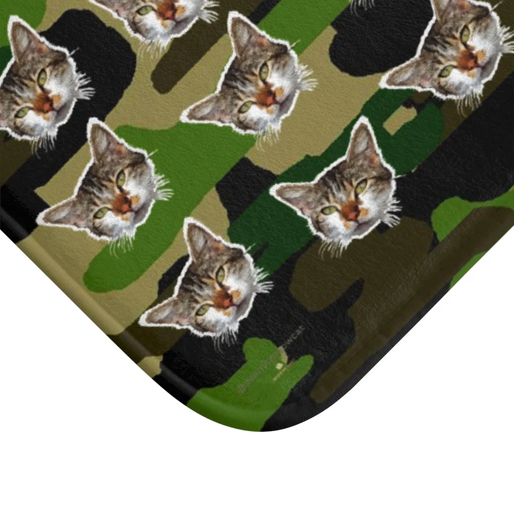 Green Camo Cat Print Bath Mat, Calico Cat Premium Microfiber Bath Rug- Printed in USA