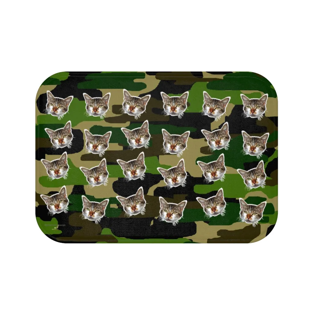 Green Camo Cat Print Bath Mat, Calico Cat Premium Microfiber Bath Rug- Printed in USA