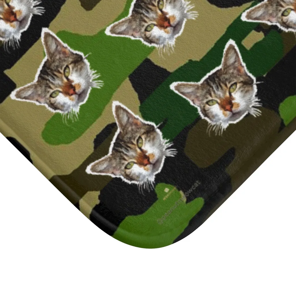 Green Camo Cat Print Bath Mat, Calico Cat Premium Microfiber Bath Rug- Printed in USA