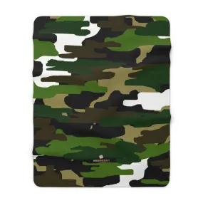 Green Camo Military Army Print Designer Cozy Sherpa Fleece Blanket-Made in USA