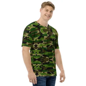 Green Camo Print Men's T-shirt, Green Brown Camouflaged Military Army Print Premium Shirts-Made in USA/EU