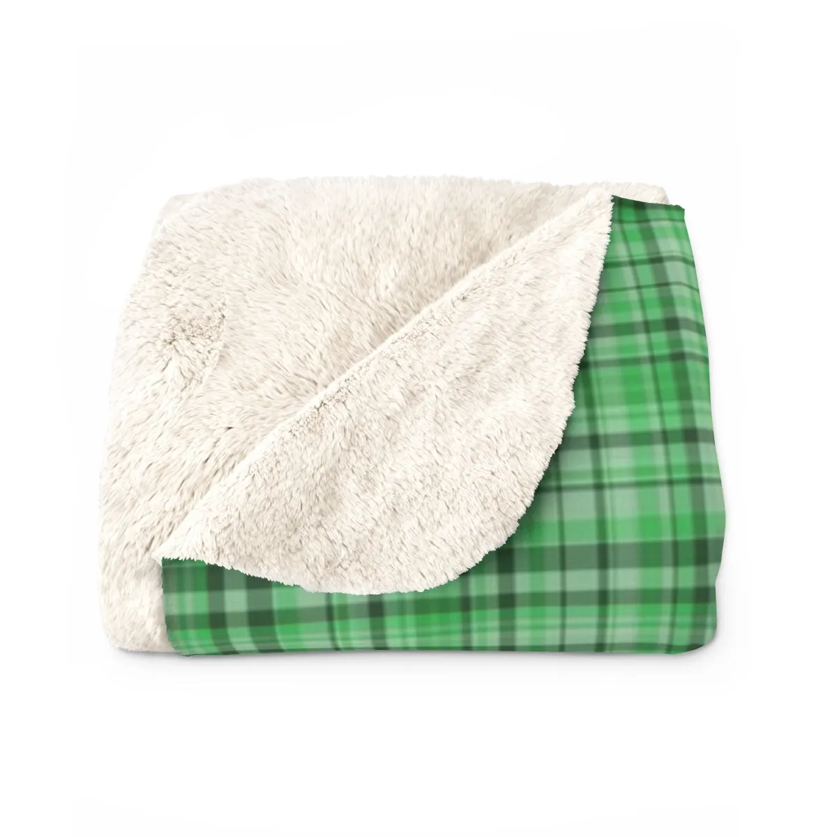 Green Plaid Tartan Print Designer Cozy Sherpa Fleece Blanket-Made in USA