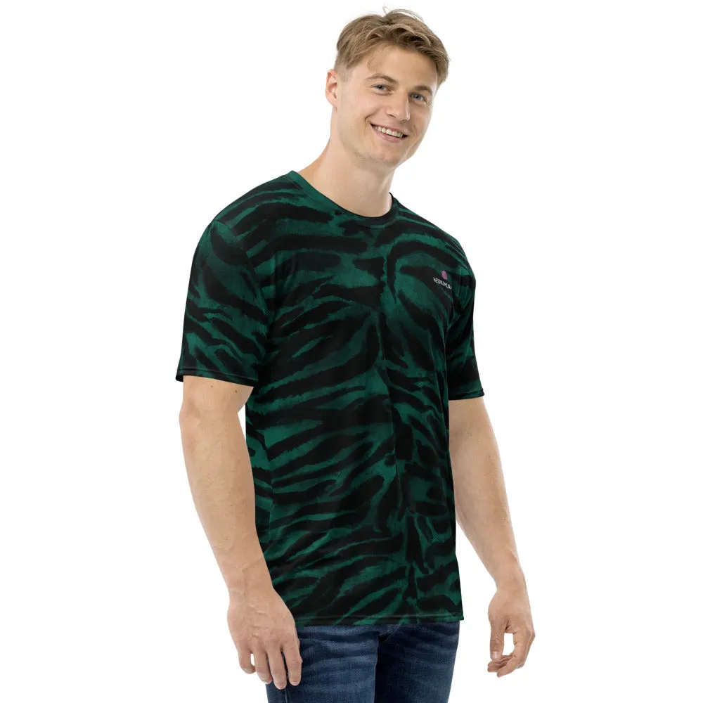 Green Tiger Striped Men's T-shirt, Animal Print Luxury Tee For Men-Made in USA/EU/MX (US Size, XS-2XL)